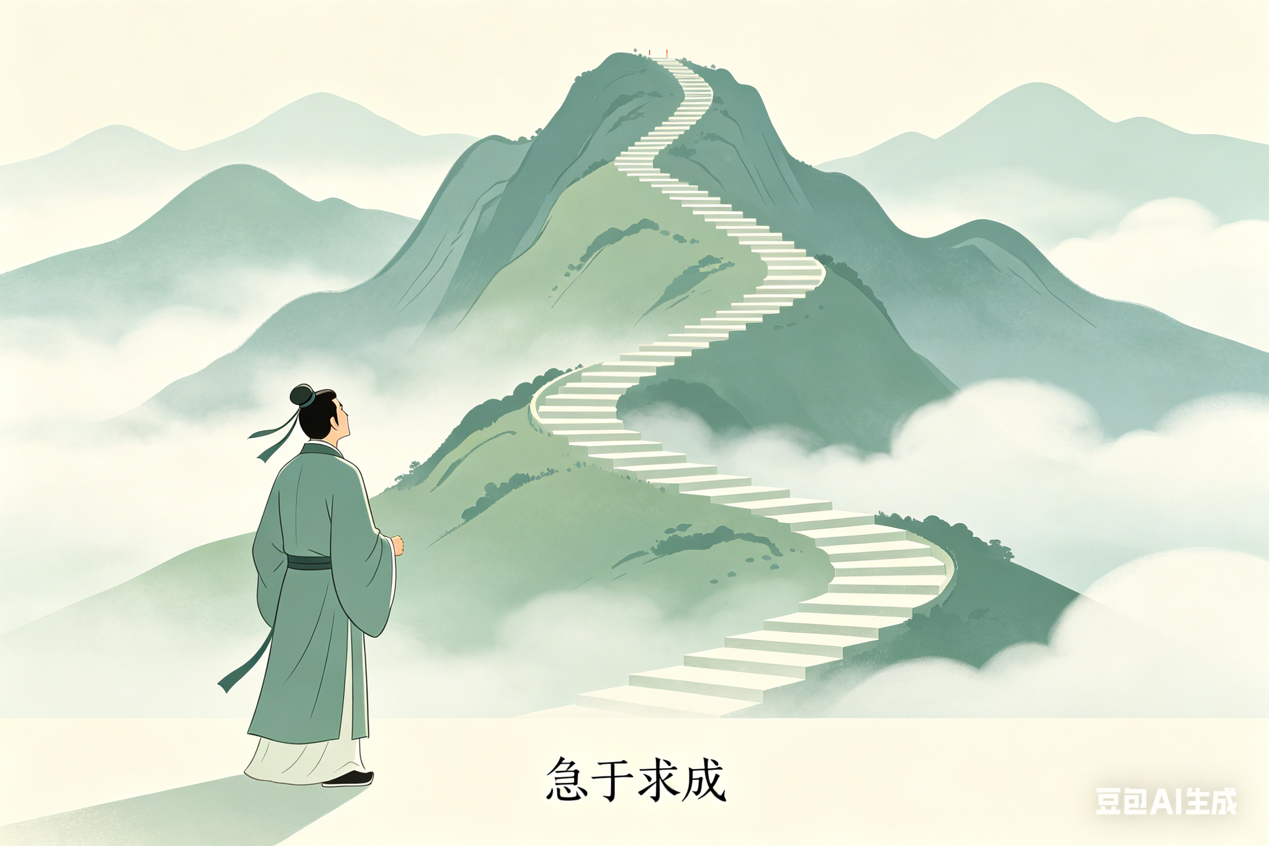 急于求成：人物站在山脚，看向通往山顶的长阶梯